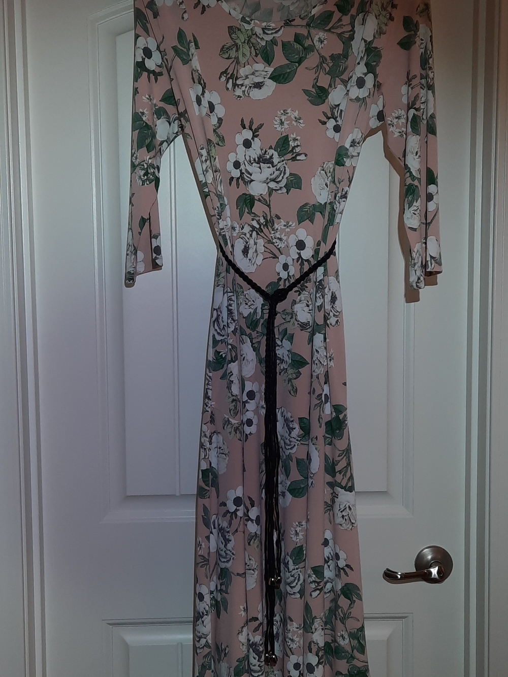 NWOT, Nina Leonard Blush Pink Floral Maxi Dress with Green Leaves, White Flowers